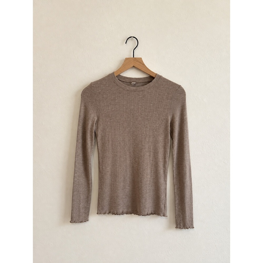 Intimissimi Ultralight Knit Long Sleeve Top Taupe Brown Letuce Hem Small